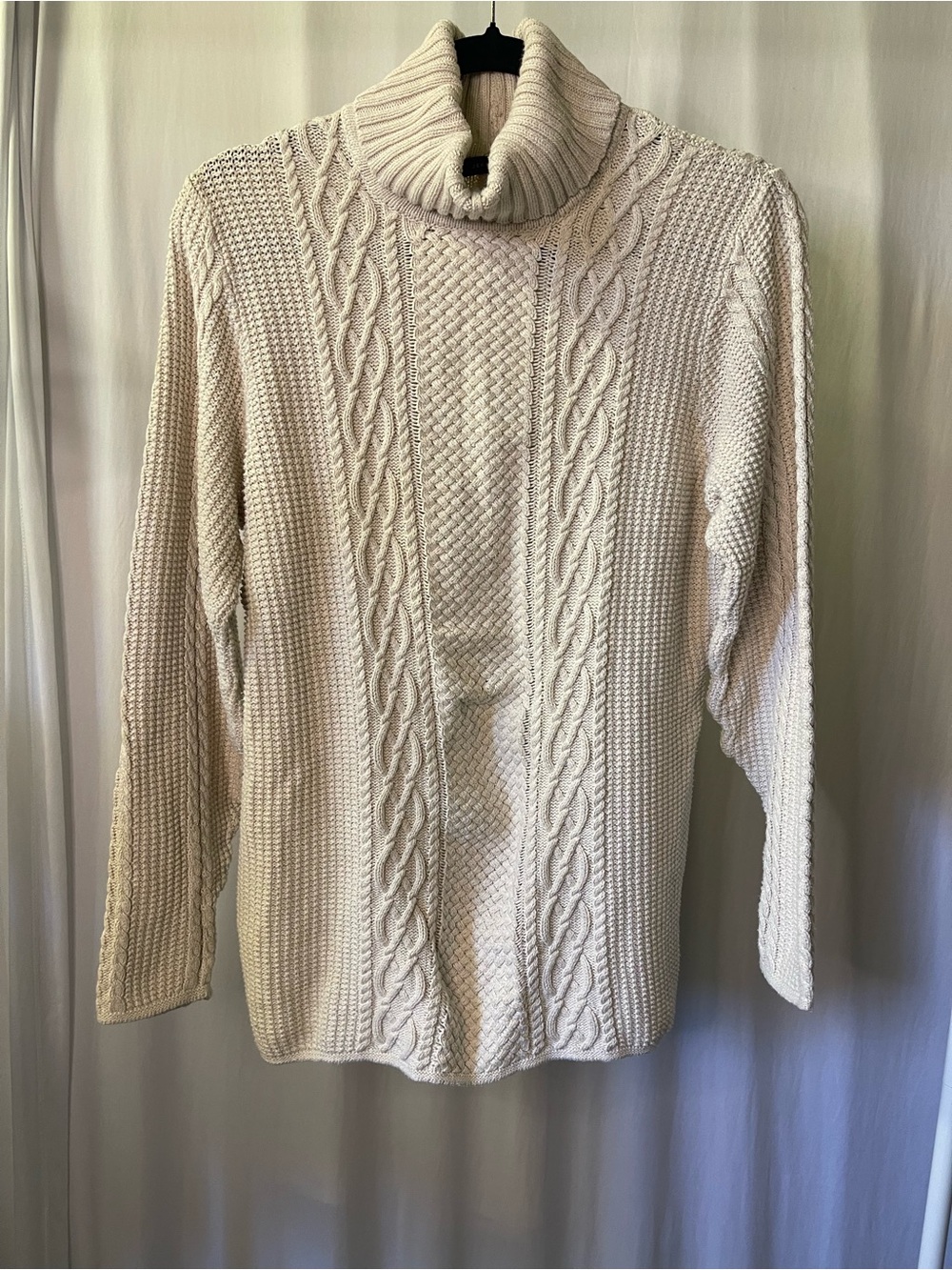 Jeanne Pierre Chunky Cable Knit Turtleneck Sweater Cream Off White Cotton Large
